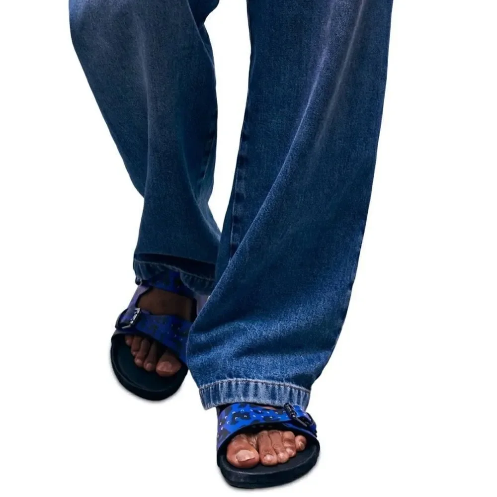 THE KOOPLES BLUE LEATHER LEOPARD-PRINT SANDALS NIB size 41